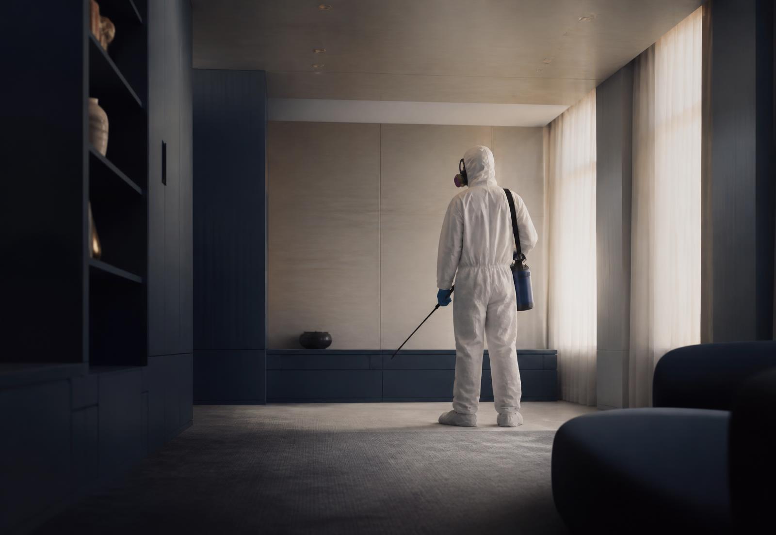 Remediation technician in protective coverall and respirator preparing a room for decontamination